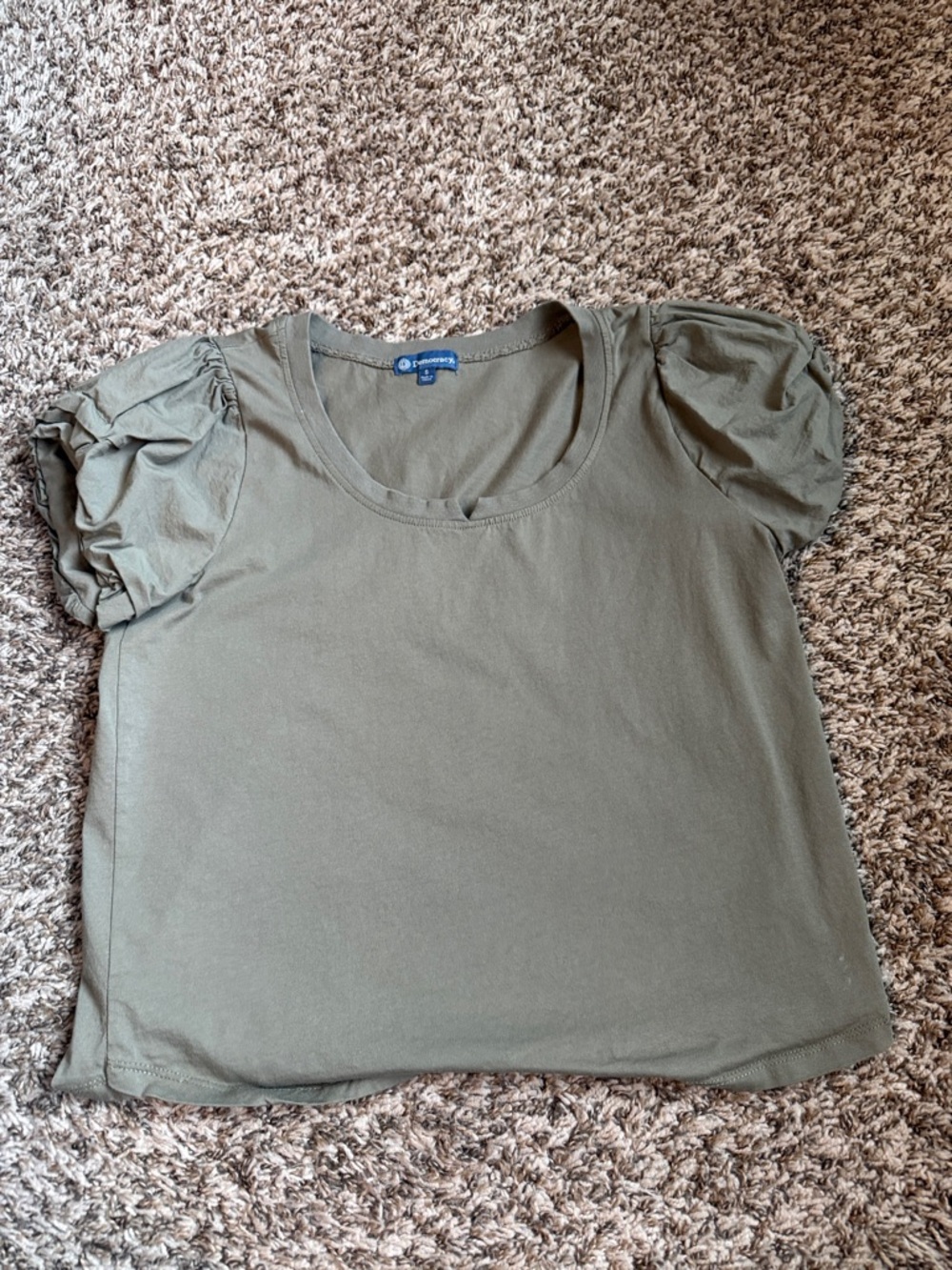 Democracy Olive Green Puff Sleeve Scoop Neck Tee